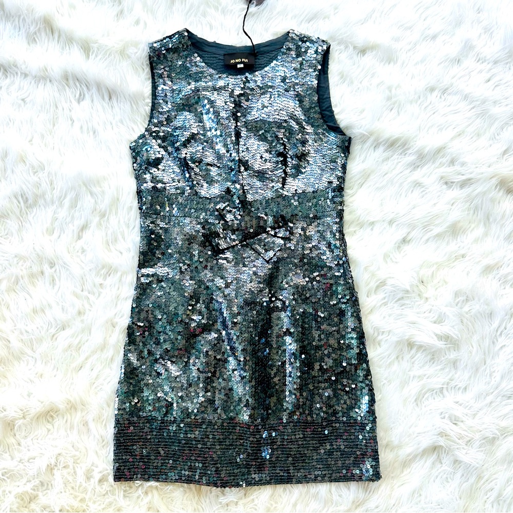 Jo No Fui Charcoal Gray Sequin Bow Cocktail Dress Medium NWT Holiday/ Wedding